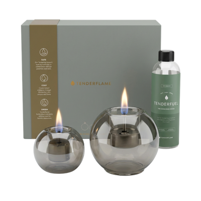 Tenderflame giftset Globus 10 & 15 Graphite + 0,5ltr Tenderfuel